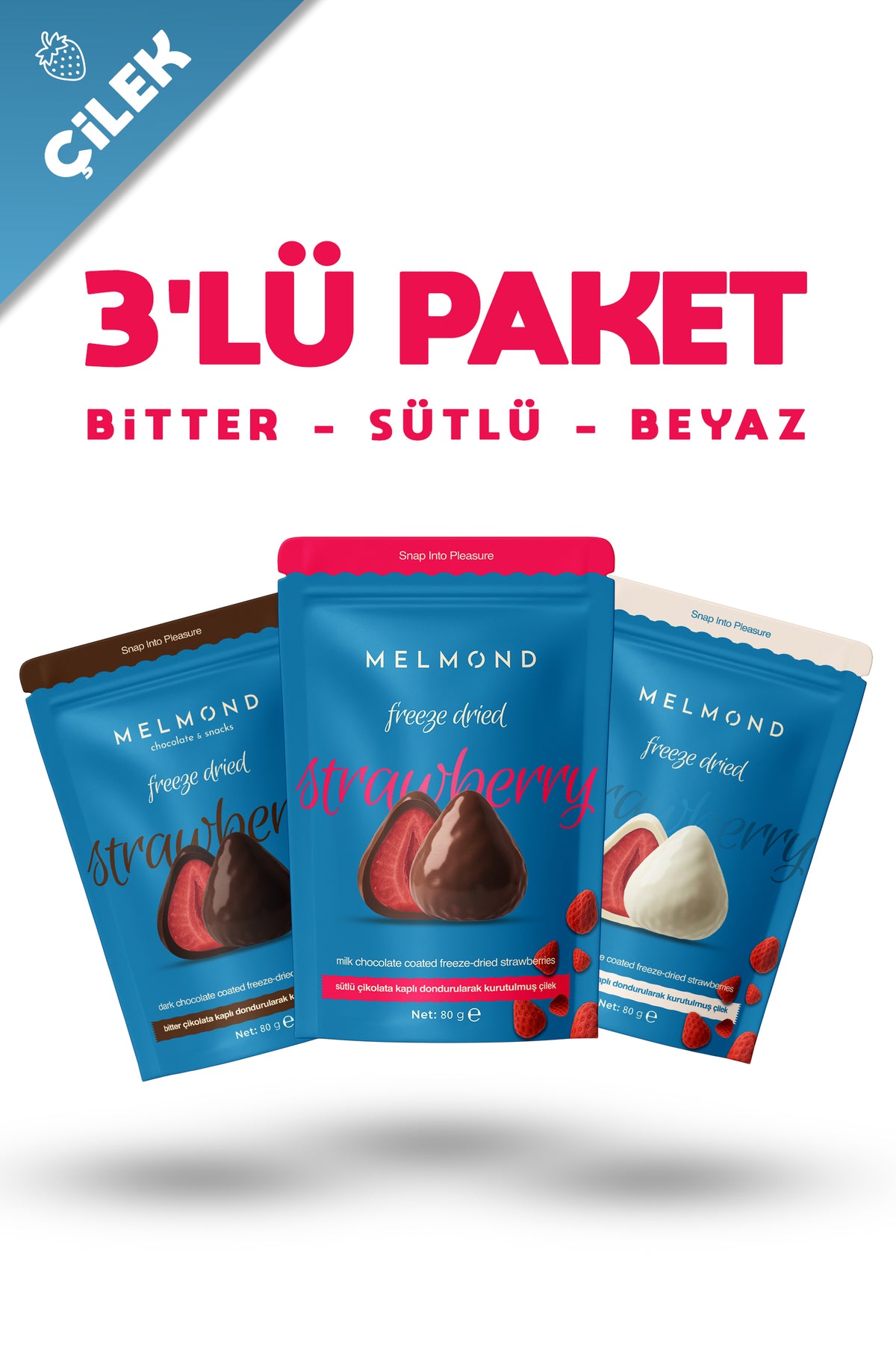 Freeze Dried Çilek Draje (Sütlü, Bitter, Beyaz) 3'lü Paket